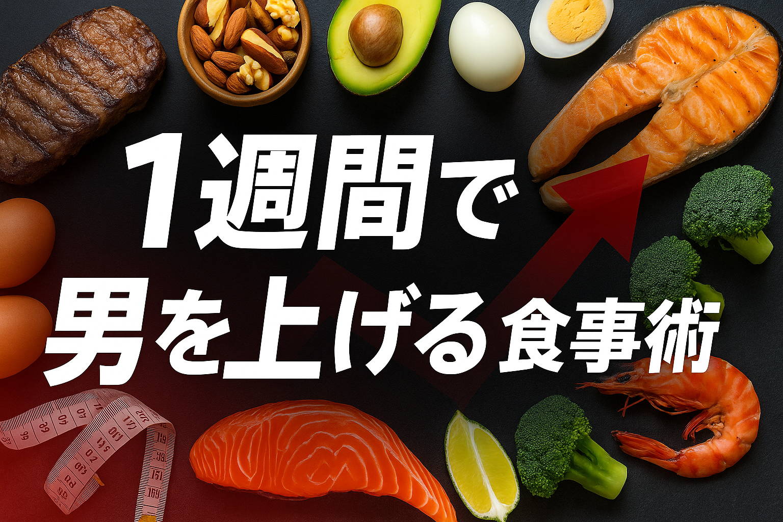 alt="テストステロンを高める1週間食事メニューを象徴する食材―ステーキ・サーモン・アボカド・卵・ブロッコリー―が並ぶバナー"